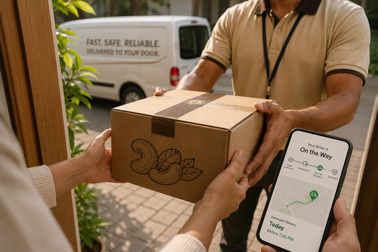 Delivery truck transporting cashew packages