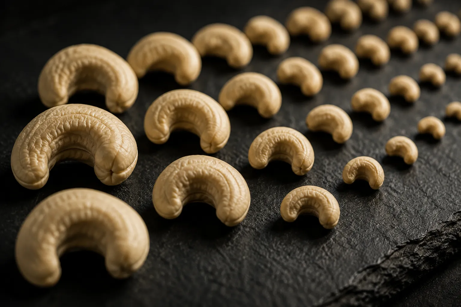 Macro view of graded cashew kernels, sized and sorted